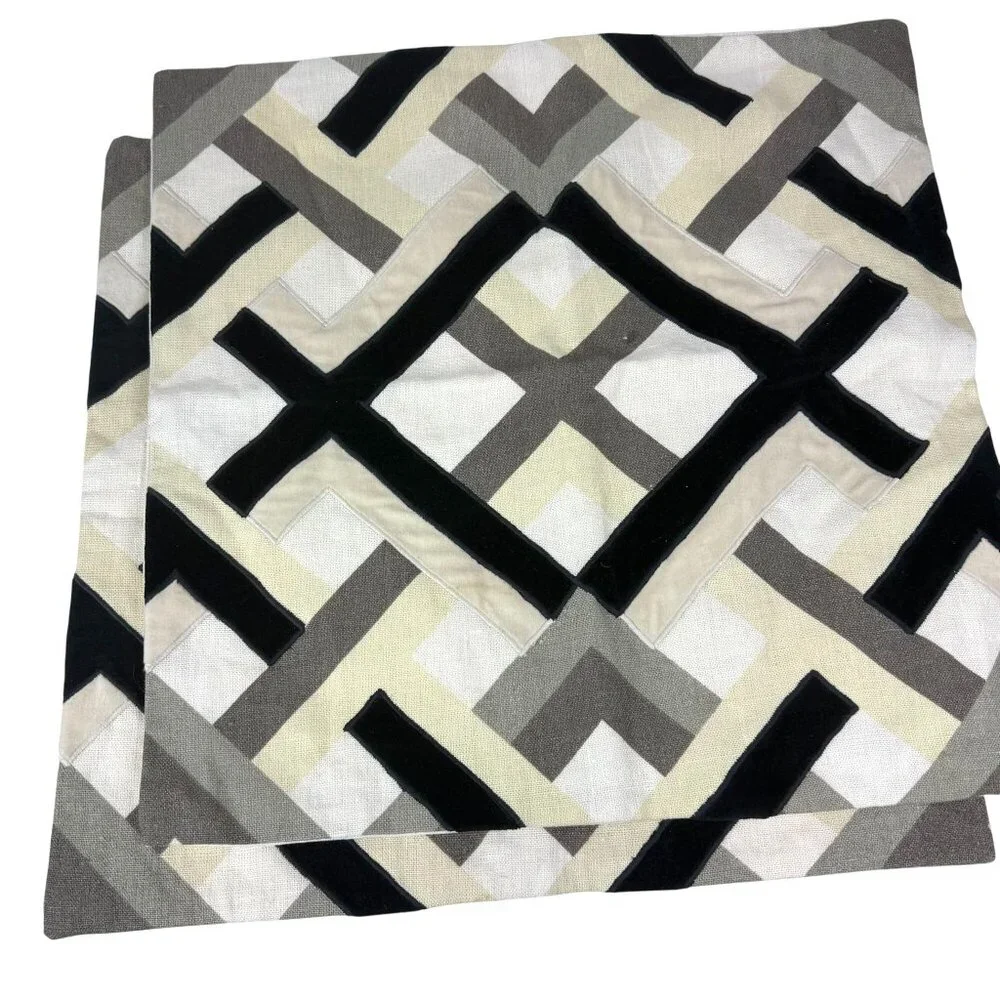 Williams-Sonoma Throw Pillow Cover Linen Velvet Applique Beige Geometric set of